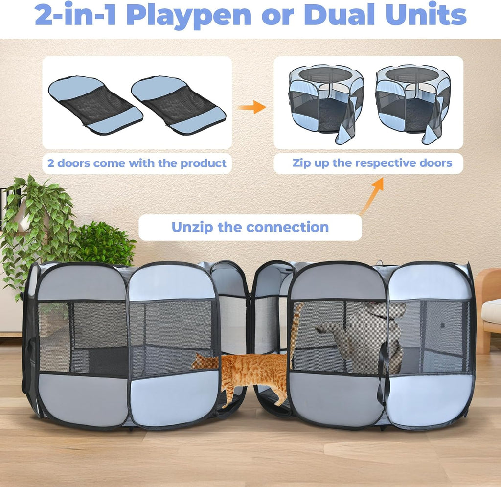2-in-1 Cat Playpens, Detachable into 2 Separate Playpens with Additional 2 Doors, Portable Dog Playpen Cat Tent Enclosure for Kitten and Puppy Indoor
